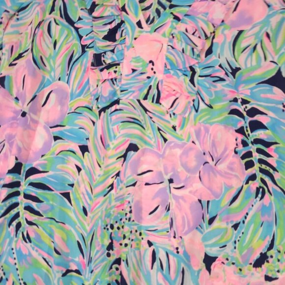 Lilly Pulitzer XS Floral Tropical LS Blouse Womens 100% Polyester Bright Pink Bl - Picture 2 of 7